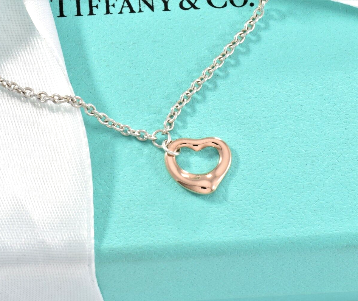 Tiffany & Co Rose Gold Silver Elsa Peretti Mini Open Heart 7.5" Bracelet & Pouch