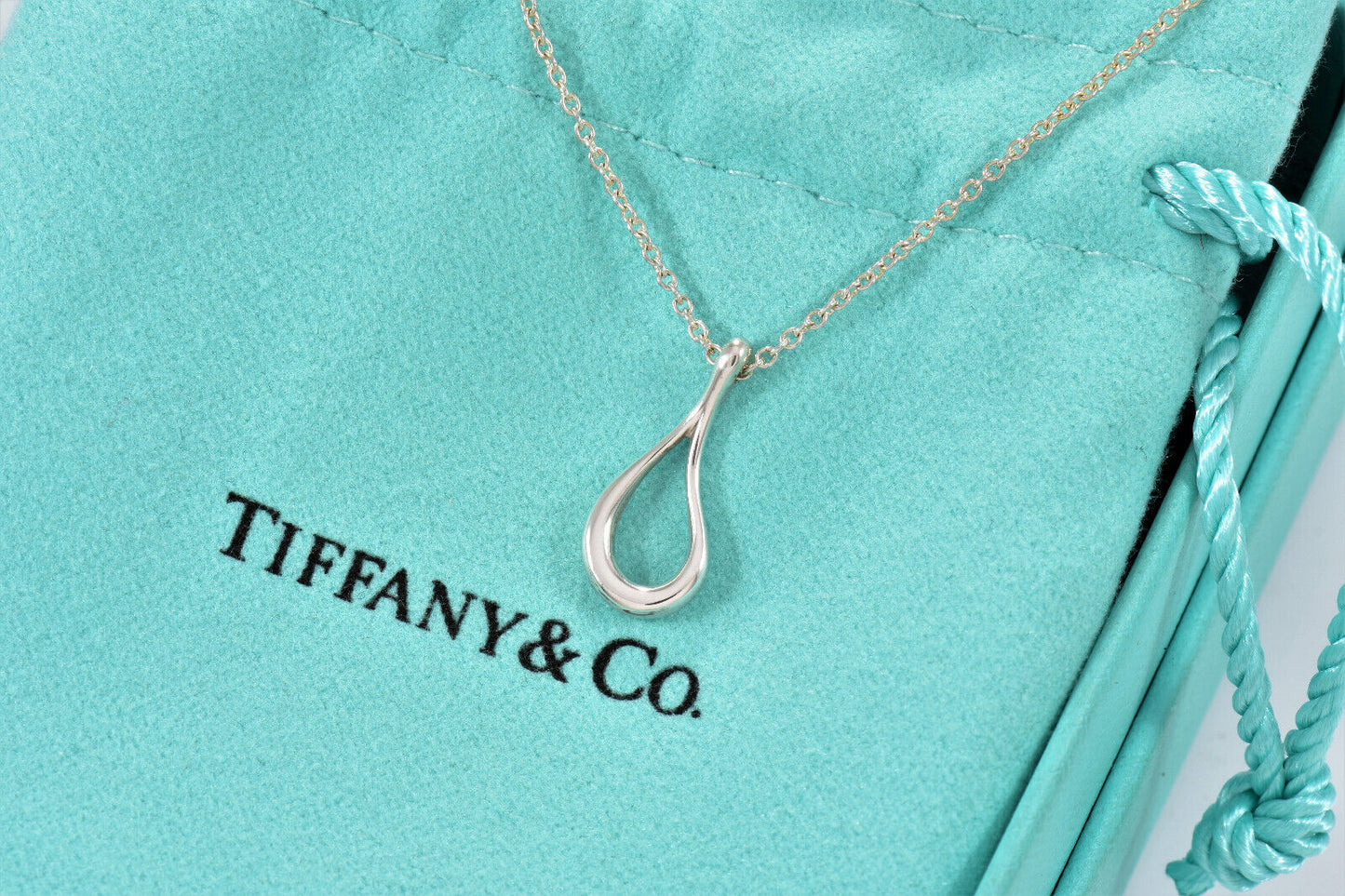 Tiffany & Co Silver Elsa Peretti Open Teardrop Pendant 16" Necklace in Pouch