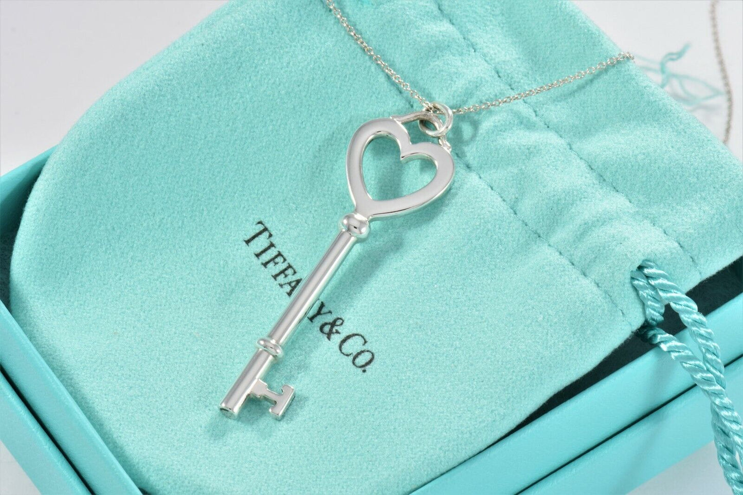 Tiffany & Co Silver Large 2" Heart Key Charm Pendant 16.25" Chain Necklace Pouch