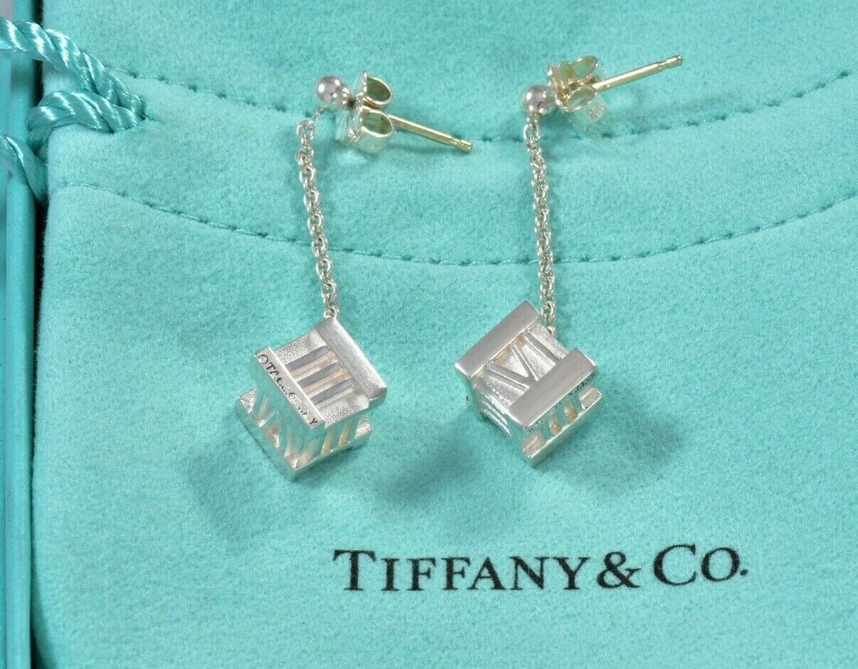 Tiffany & Co Sterling Silver Atlas Square Cube Dangling Earrings and Pouch Rare