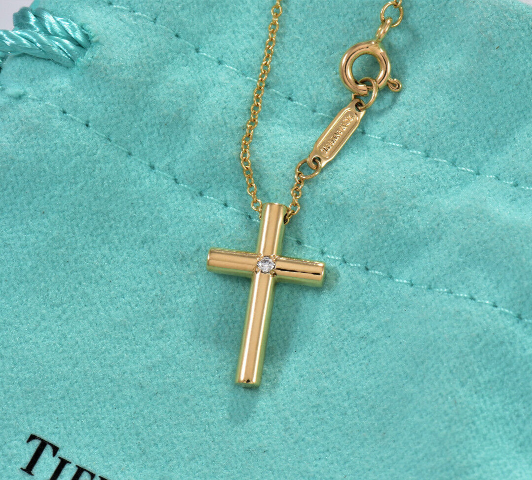 Tiffany & Co 18K Yellow Gold Diamond Cross Pendant 16" Necklace & Box Pouch Rare