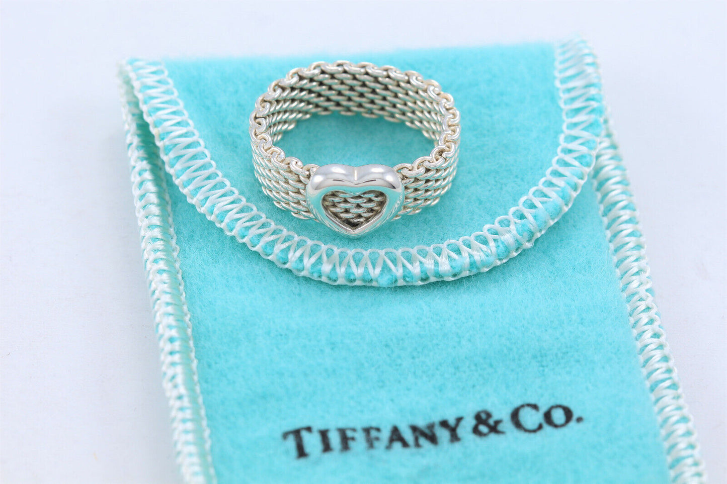 Tiffany & Co Sterling Silver Heart Mesh Love Ring Size 12 and Pouch Rare Lovely