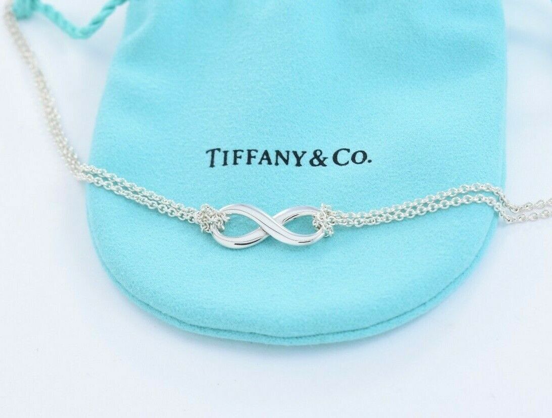 Tiffany & Co Sterling Silver Infinity Pendant 16" Double Chain Necklace in Pouch