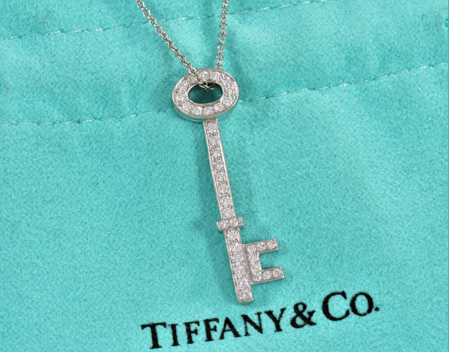 Tiffany & Co Diamond Platinum 1.25" Oval Key Pendant 18.5" Necklace in Box Pouch