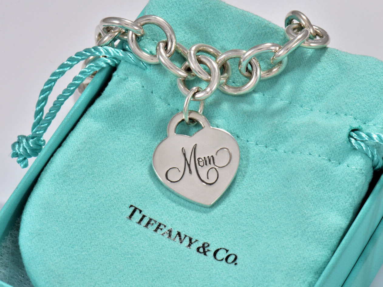 Tiffany & Co Silver Mom Heart Charm 7.75" Chain Bracelet & Box Pouch Lovely Rare