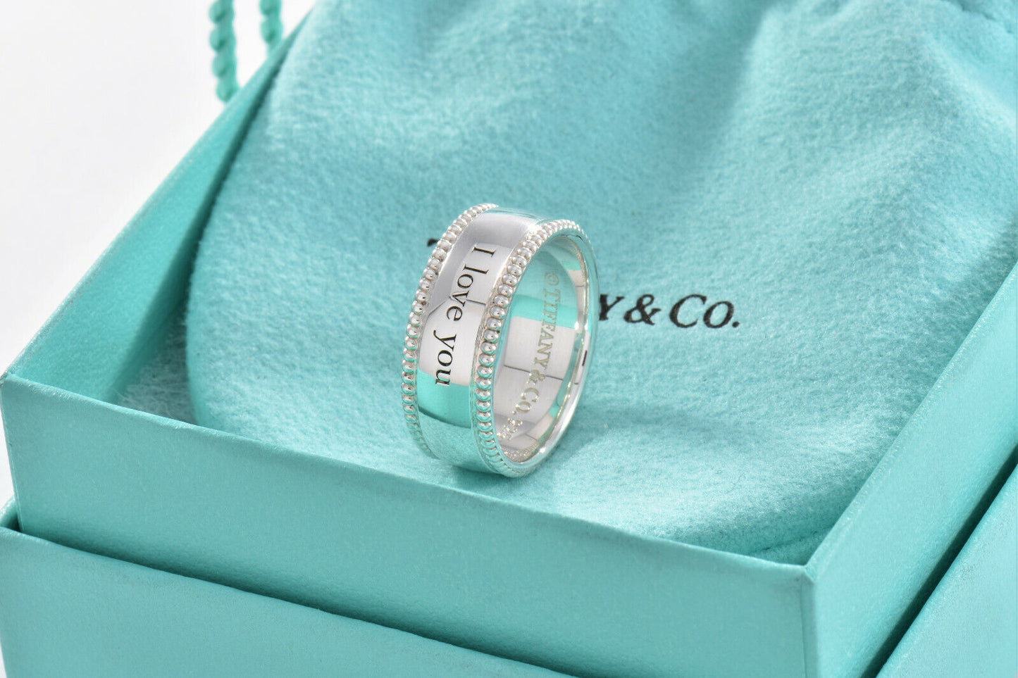 Tiffany & Co Sterling Silver I Love You Bead Edge Ring Size 6 in Pouch Yours