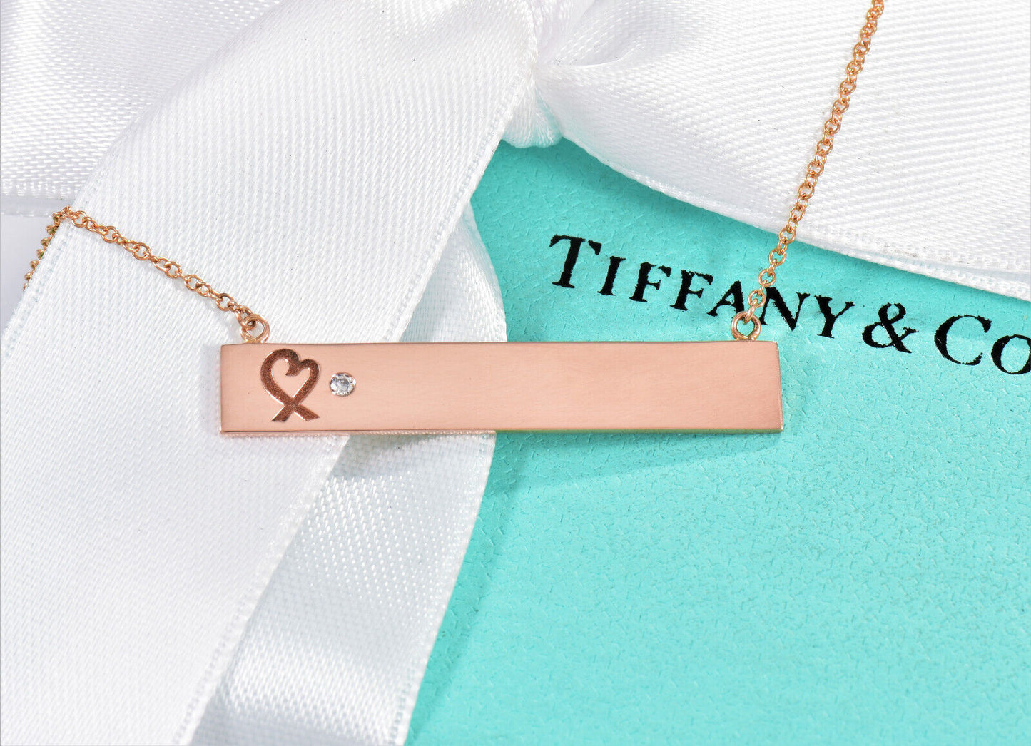 Tiffany & Co Diamond 18K Rose Gold Loving Heart Bar Pendant 18" Chain Necklace