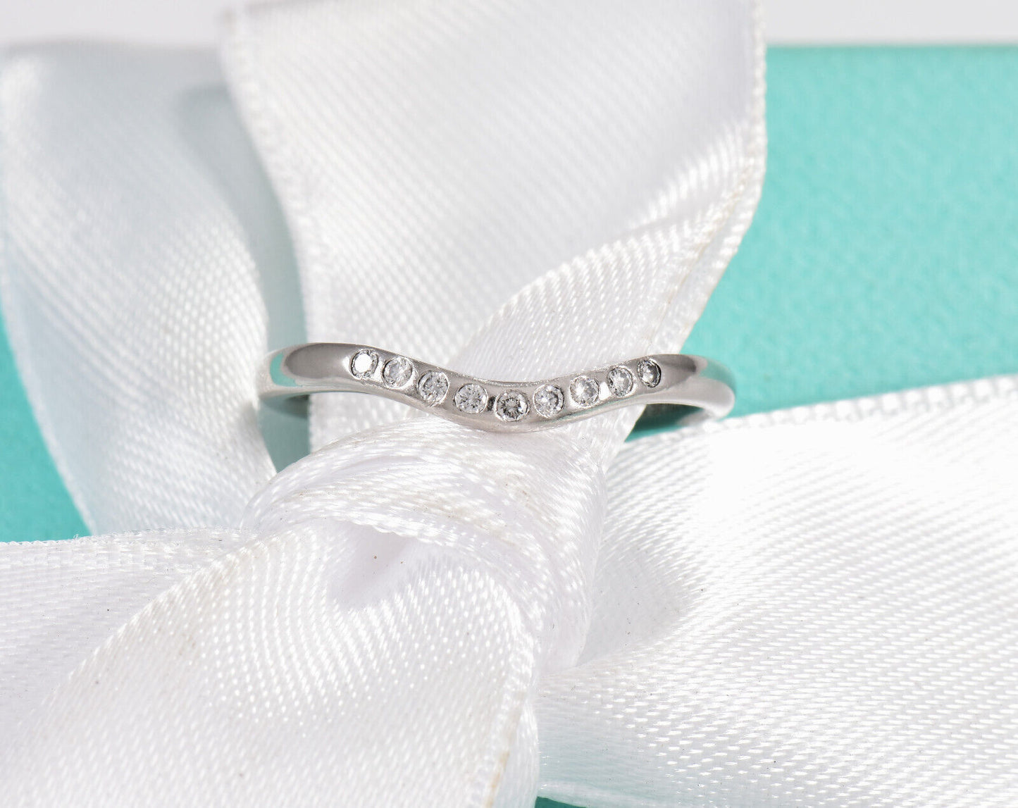 Tiffany & Co Diamond Platinum Elsa Peretti Curved 2mm Band Ring Size 5.5 & Pouch