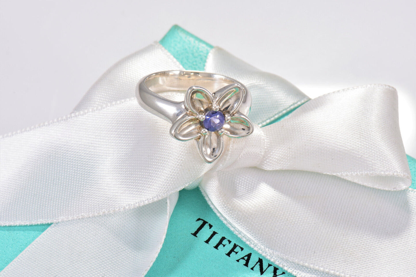 Tiffany & Co Silver Purple Iolite Gem Bead Daisy Flower Lily Blossom Ring Size 8