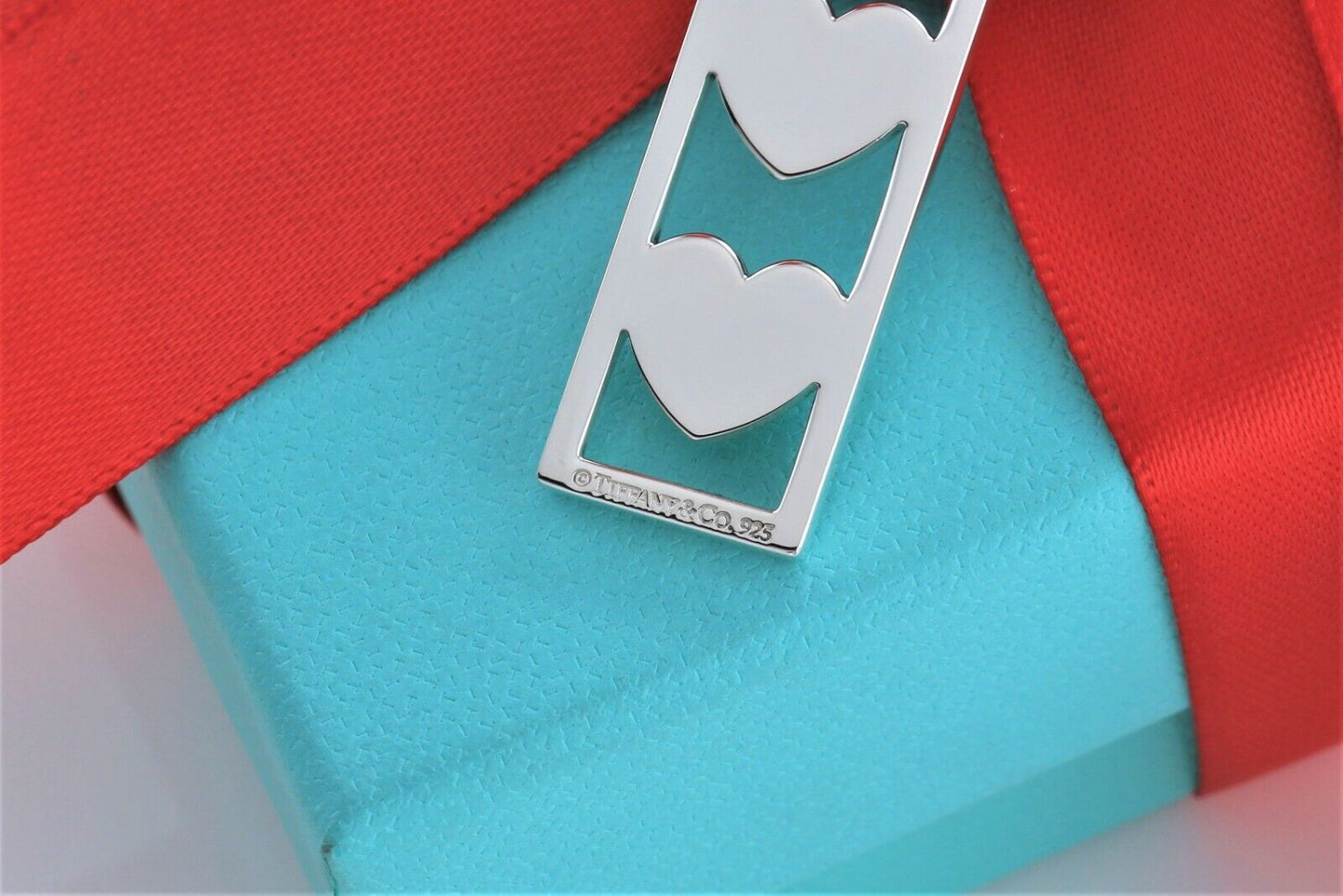 Tiffany & Co Sterling Silver Three Heart Bar Pendant 16" Necklace in Pouch Rare