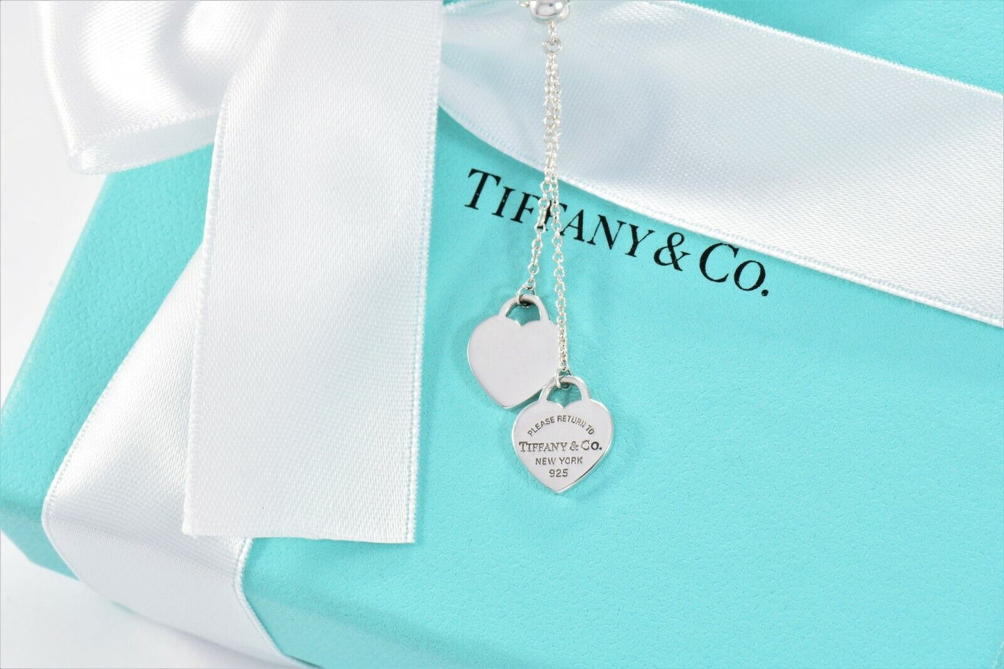 Please Return To Tiffany & Co Silver Double Heart Bead Dangle Pendant Necklace