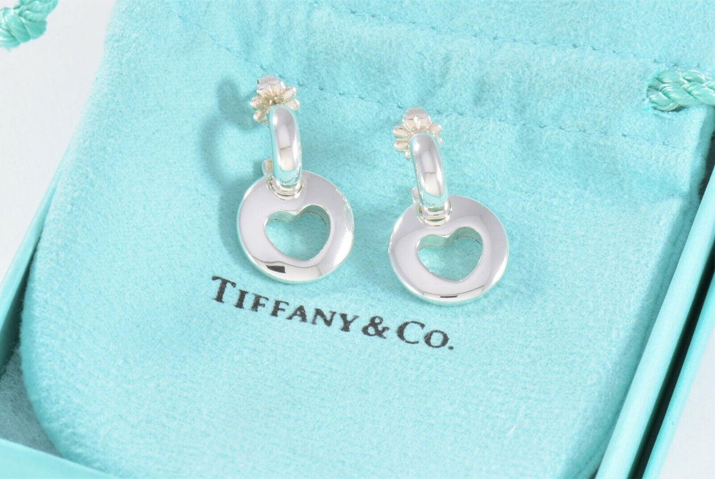 Tiffany & Co Silver Open Heart Cutout Hoop Dangle Stencil Love Earrings 2 in 1