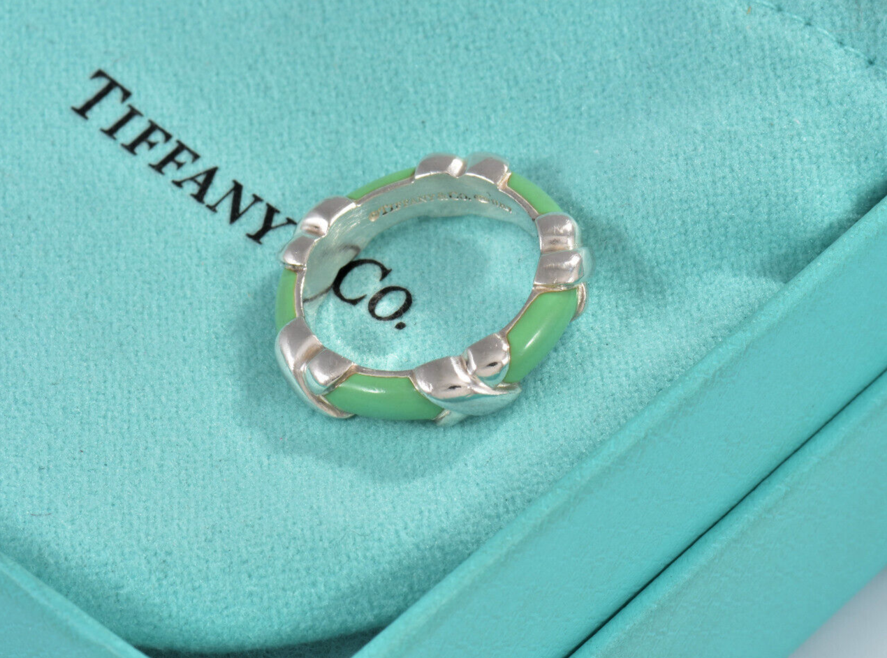 Tiffany & Co Silver Blue Enamel 4mm Signature X Stack Band Ring Size 5 in Pouch