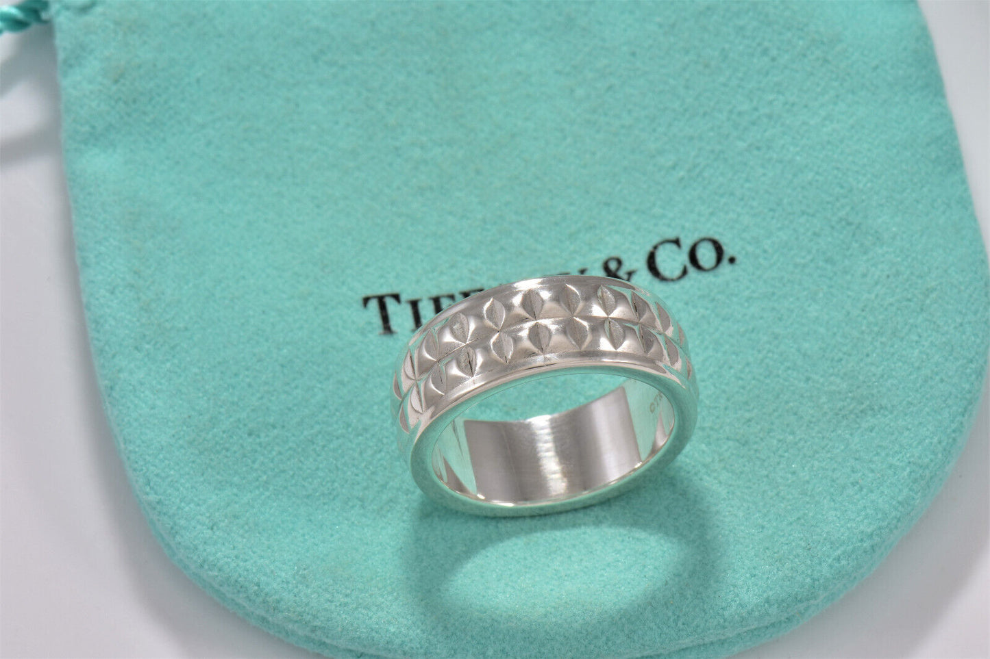 Tiffany & Co Germany Sterling Silver Wide Stud Band Size 8 Ring in Box Pouch