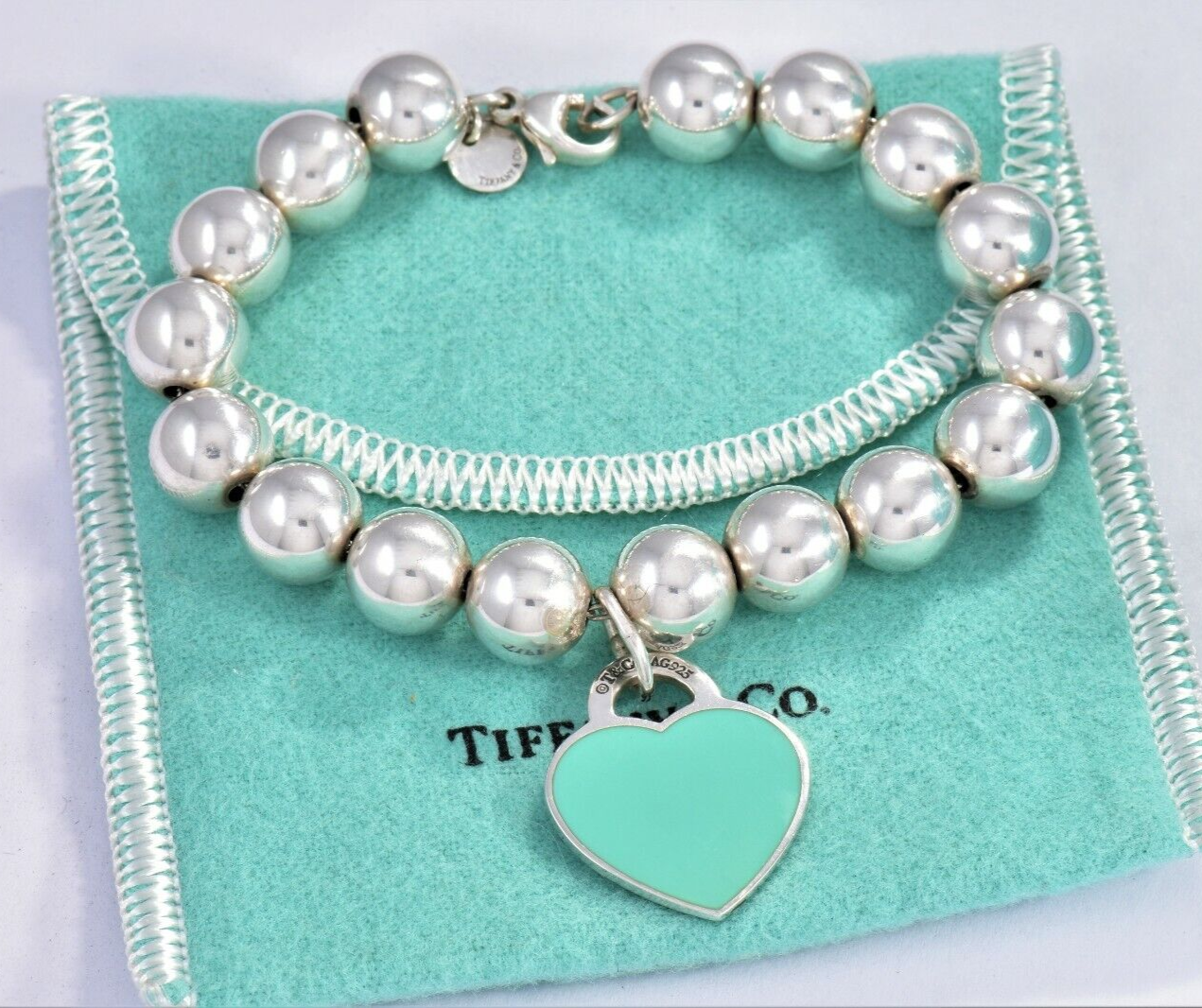 Please Return To Tiffany & Co Silver Blue Enamel Heart 10mm Bead Bracelet Rare