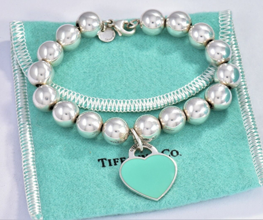 Please Return To Tiffany & Co Silver Blue Enamel Heart 10mm Bead Bracelet Rare