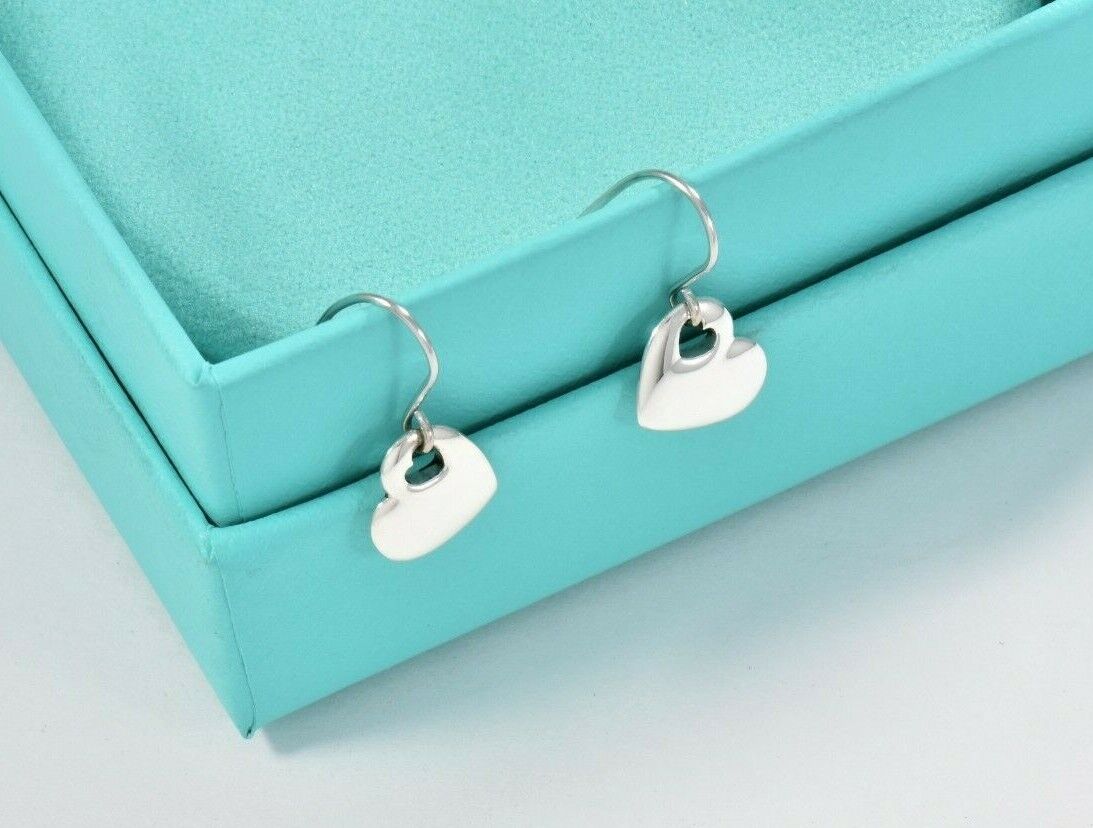 Tiffany & Co Silver Double Heart Stencil Dangle Earrings in Pouch Lovely Puff