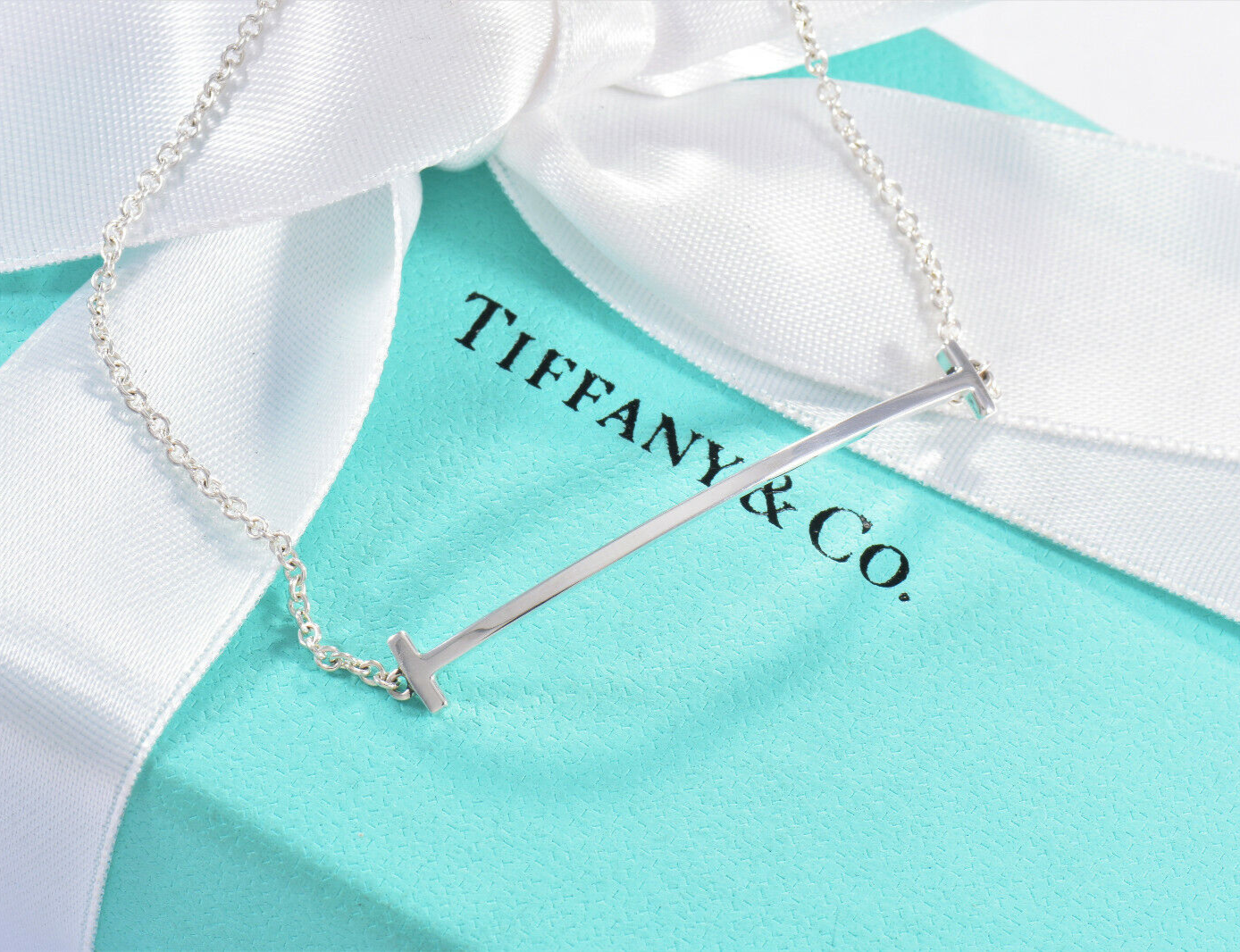 Tiffany & Co Sterling Silver T Smile Square Chain Bracelet in Box Pouch Rare