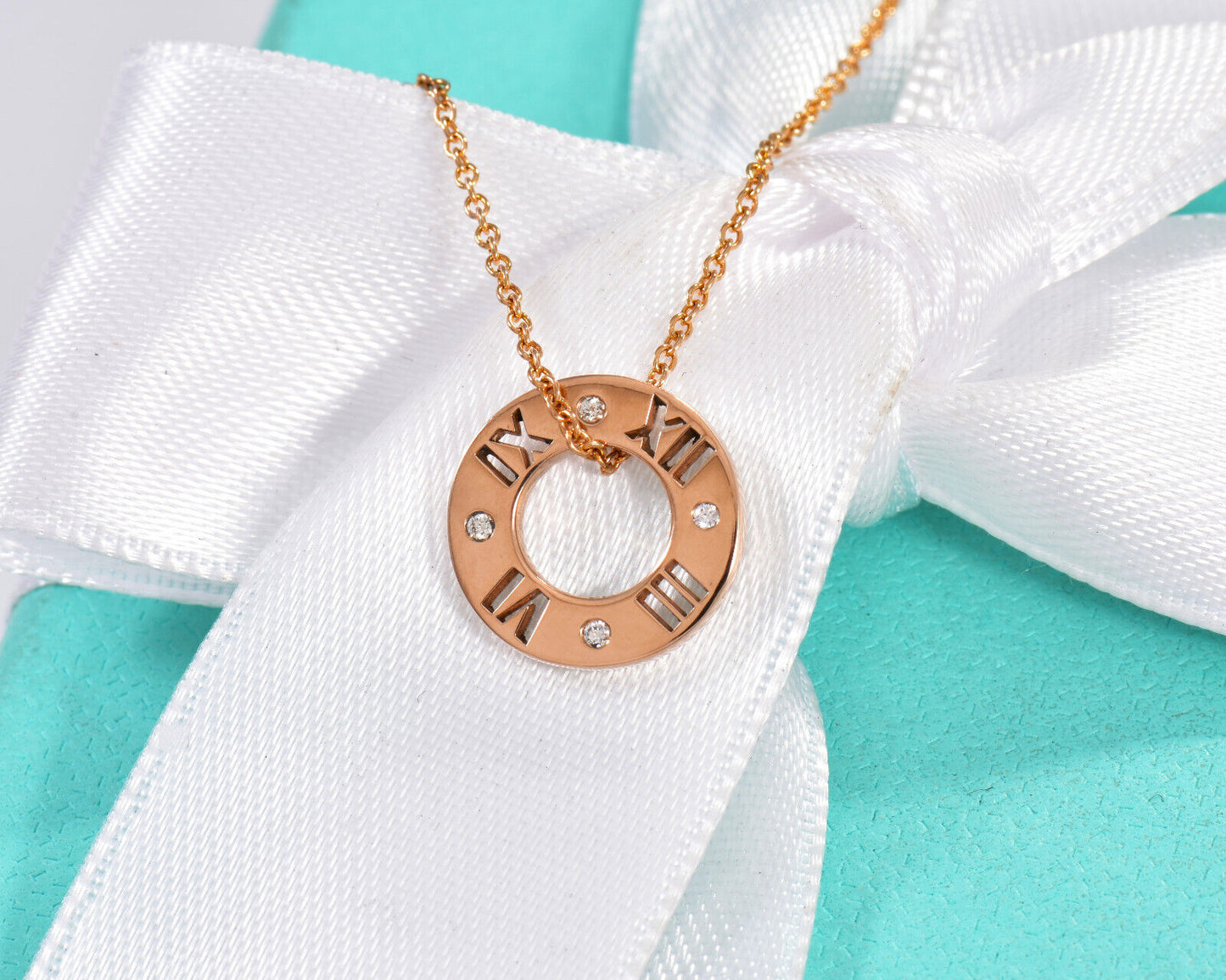 Tiffany & Co Diamond 18K Rose Gold Atlas Circle Pendant Necklace in Box Pouch