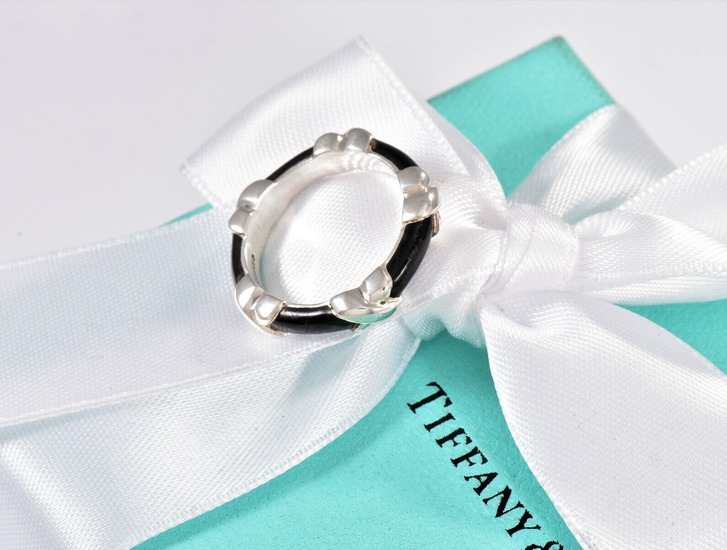 Tiffany & Co Silver Black Enamel Signature X Stack 4mm Ring Size 6 in Pouch Rare