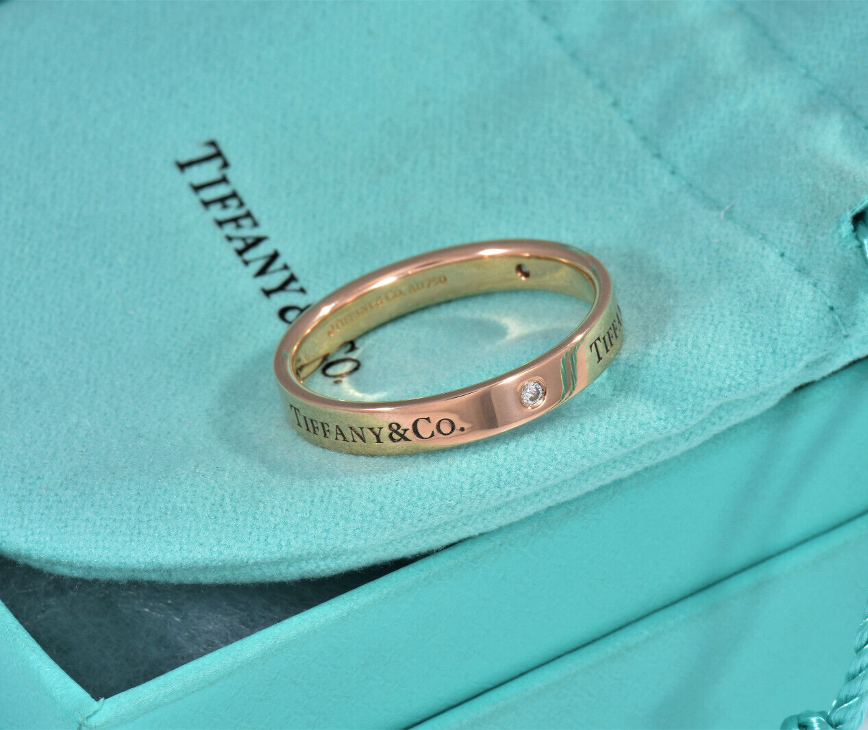 Tiffany & Co Rose Gold Three Diamond 4mm Band Ring Size 12.5 in Box Pouch Lovely