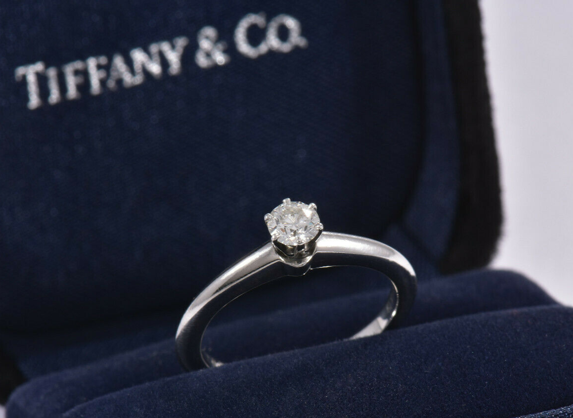 Tiffany & Co Platinum .23 ct Round Solitaire Diamond Ring Size 5 in Box Pouch