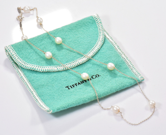 Tiffany & Co Silver Elsa Peretti 9 Pearl By Yard Pendant 16" Necklace in Pouch