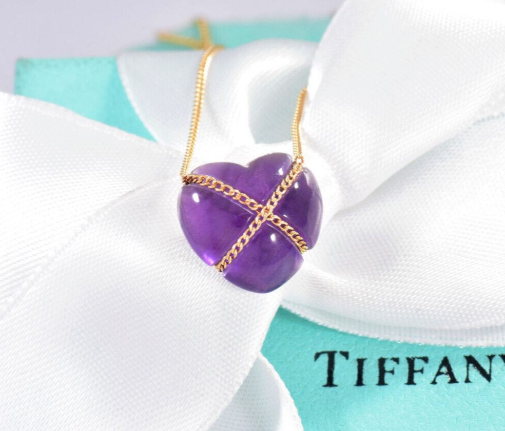 Tiffany & Co 18K Gold Amethyst Heart Pendant 18" Fringe Chain Necklace Box Pouch