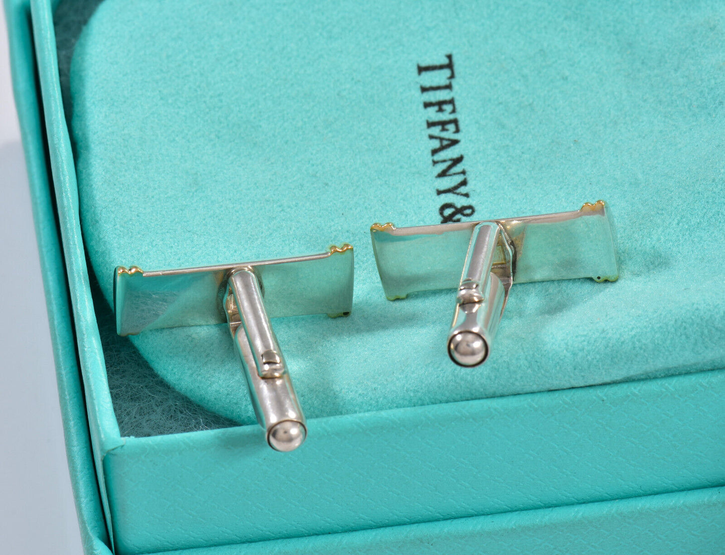 Tiffany & Co 18k Gold Silver Bar Coil Cufflinks in Pouch Mens Suit Pilot Rare