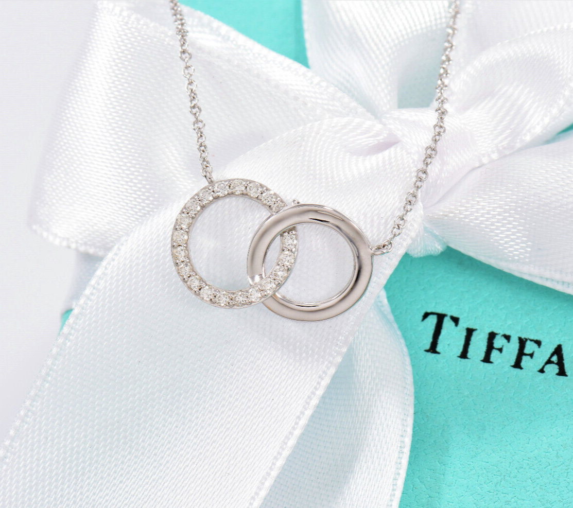 Tiffany & Co Diamond 18k White Gold Interlocking Circles Rings Pendant Necklace