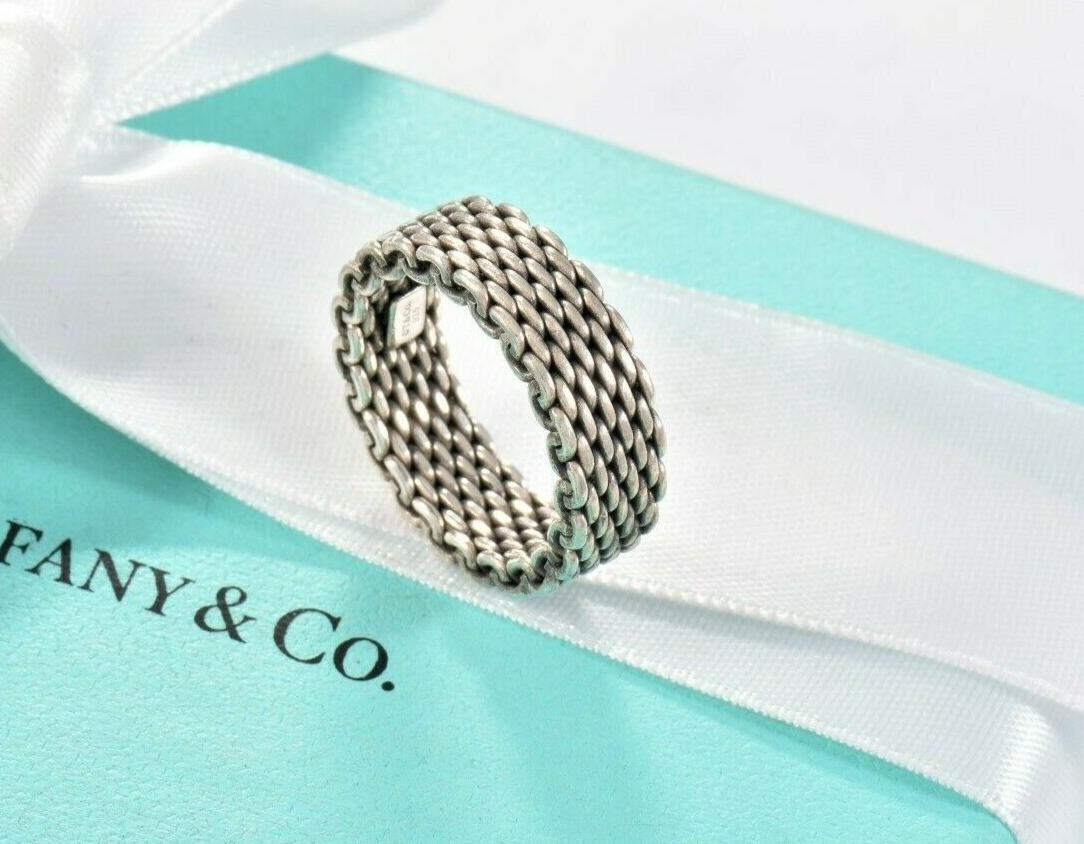 Tiffany & Co Somerset Sterling Silver Firm Mesh Ring Size 6.5 in Pouch Lovely