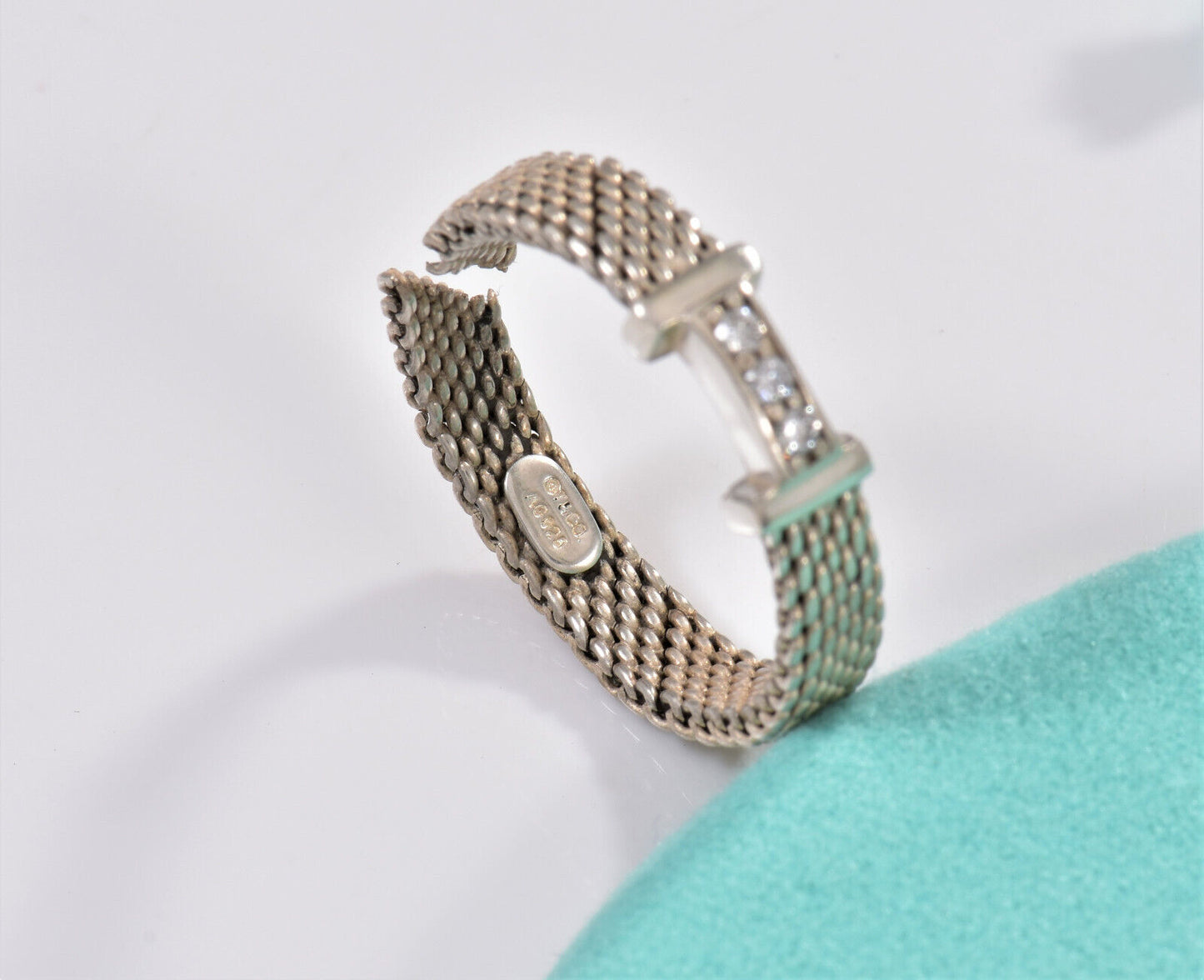 Tiffany & Co 3 Diamond Silver Somerset Mesh Narrow Band Ring Size 6.5 Damaged