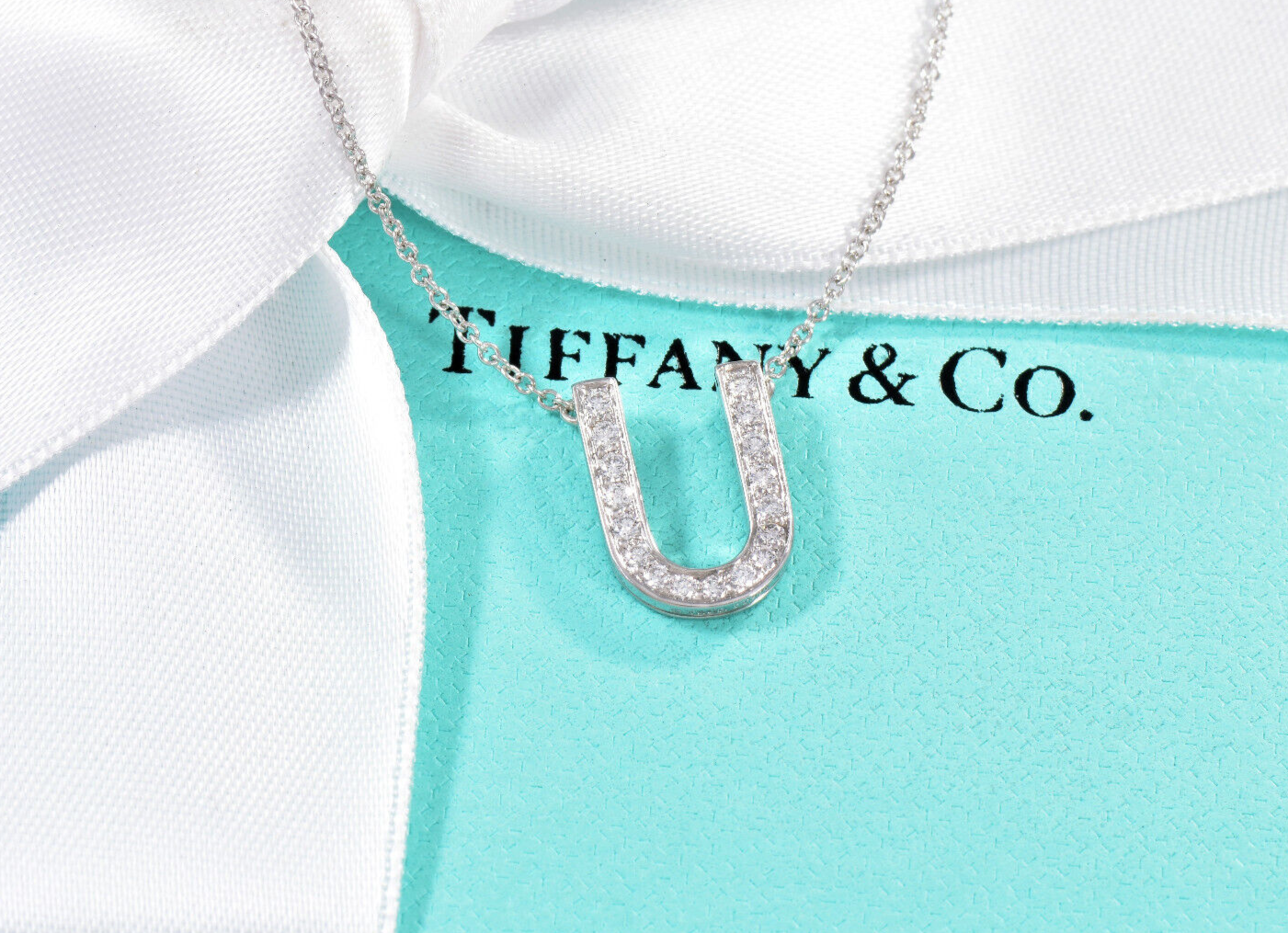 Tiffany & Co Platinum Diamond Large Letter U Pendant 16.5" Necklace In Box Pouch