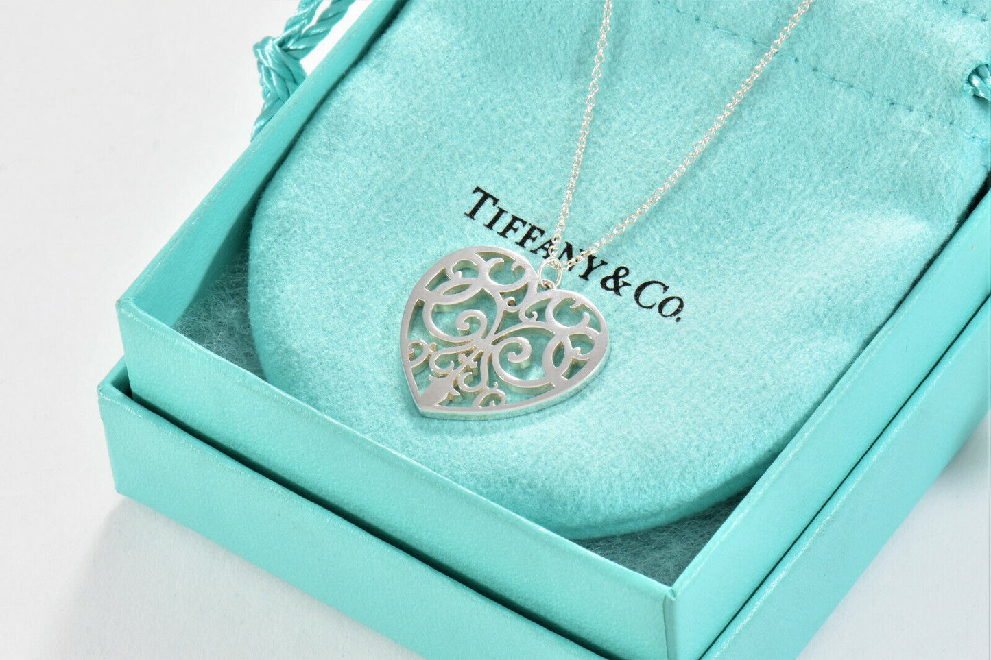 Tiffany & Co Silver Large Enchant Scroll Heart Pendant XL 20" Necklace & Pouch