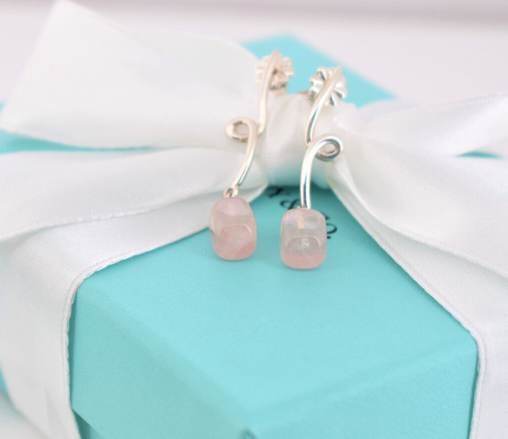 Tiffany & Co Silver Rose Quartz Gemstone Twist Dangling Earrings in Pouch Dangle