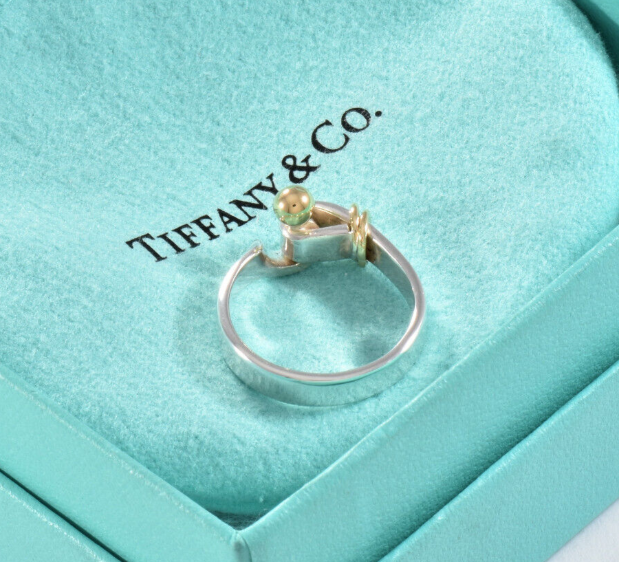 Vintage Tiffany & Co 18K Yellow Gold Silver Hook Eye Ball Ring Size 7.5 in Pouch