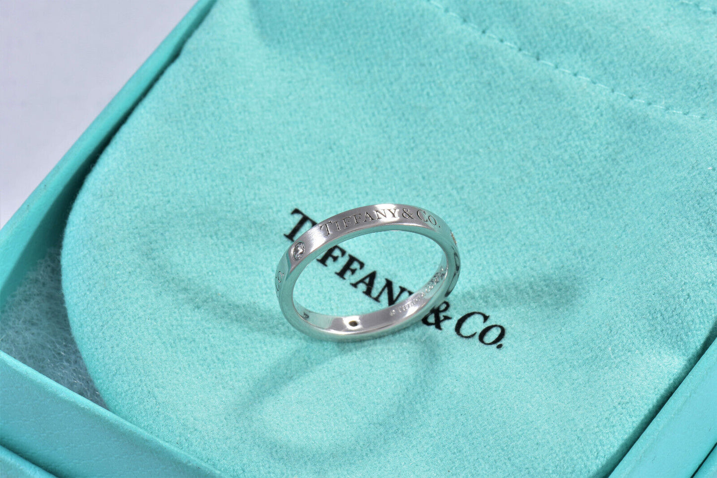 Tiffany & Co Platinum Three Diamond Band 3mm Ring Size 5.5 in Box Pouch Rare