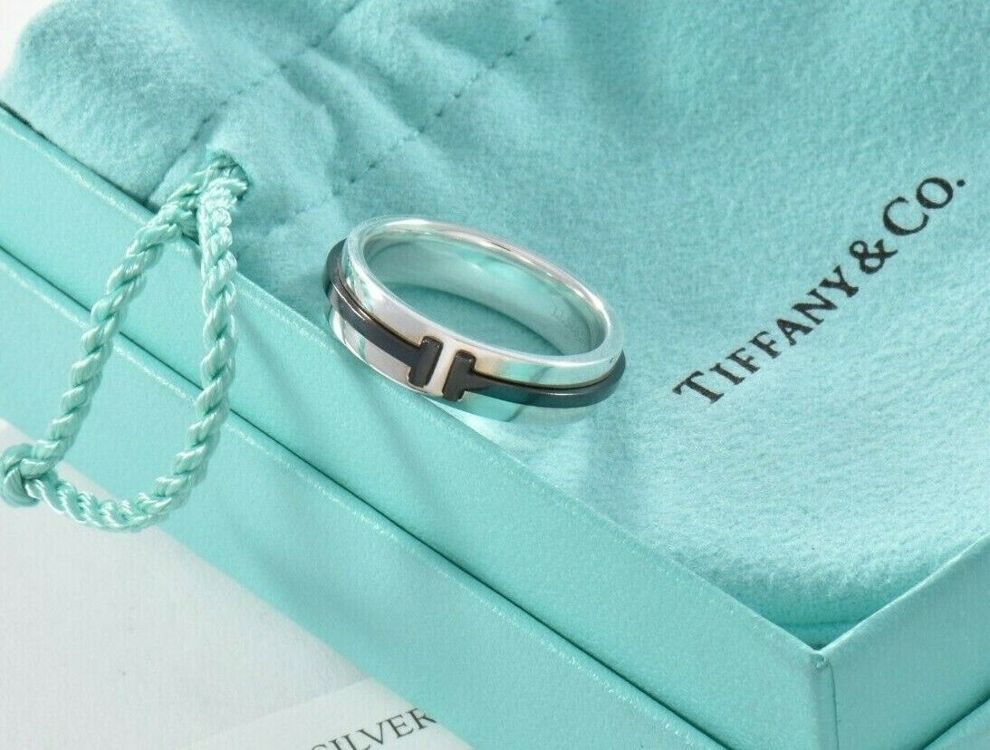 Tiffany & Co Silver Titanium T Square 6mm Wide Band Ring Size 6 and Pouch Rare