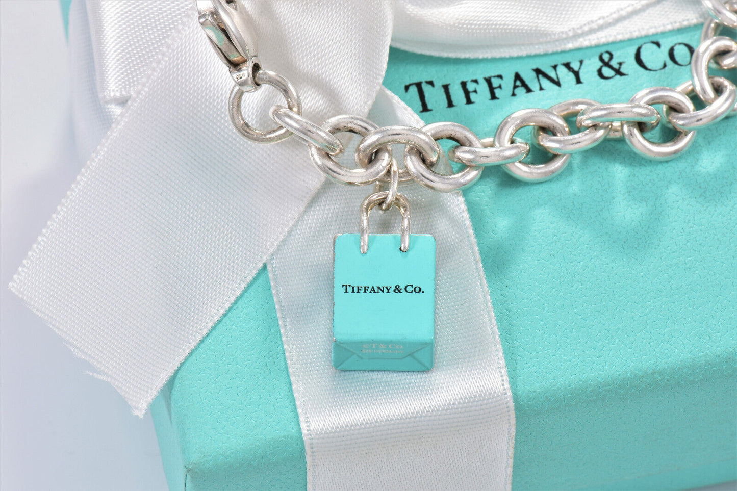 Tiffany & Co Silver Blue Enamel Shopping Bag Charm 7.75" Chain Link Bracelet