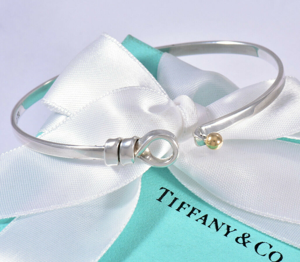 Tiffany & Co 18k Gold Silver Hook Eye Rope Bracelet in Pouch Rare Bangle Cuff