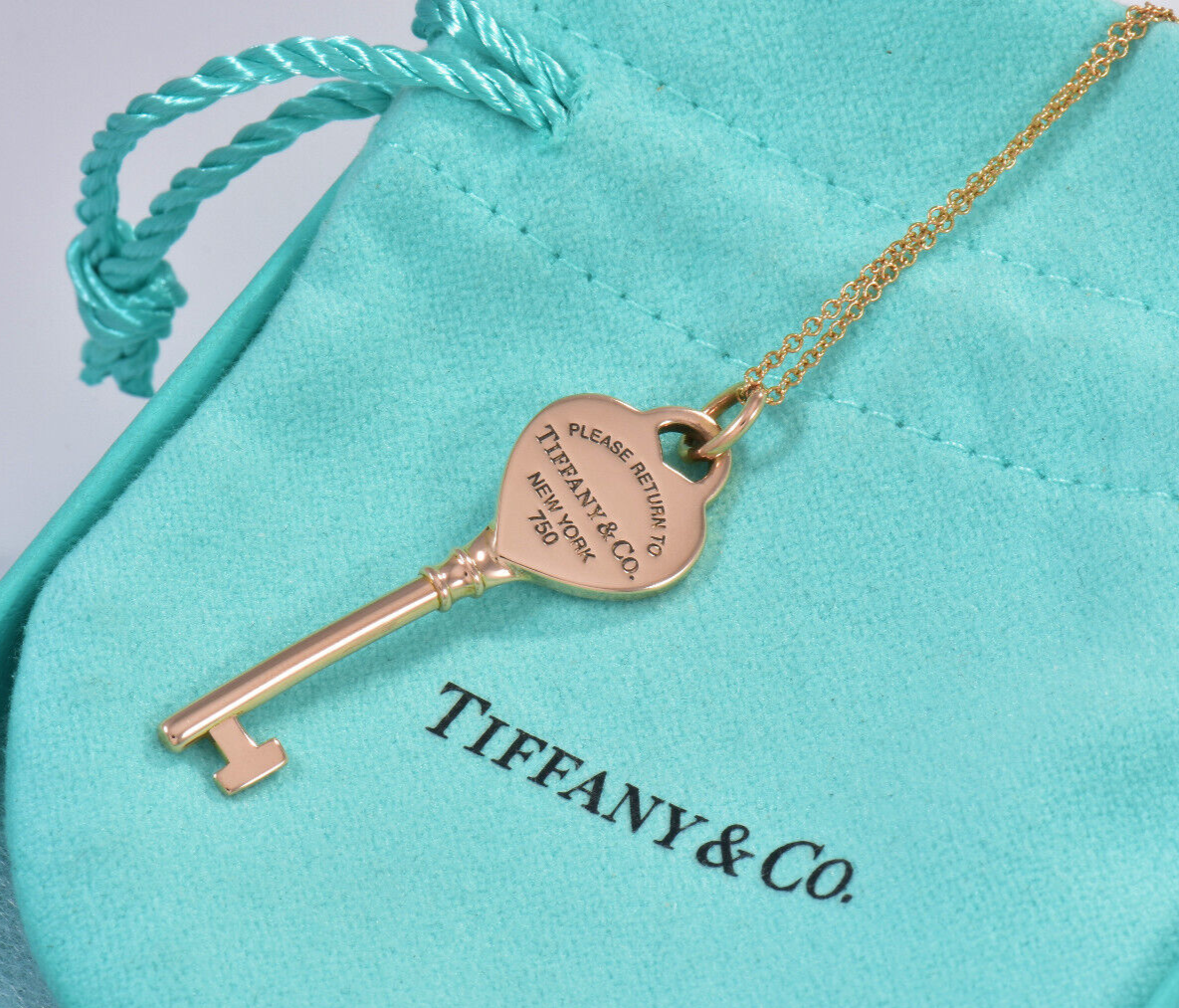 Please Return To Tiffany & Co 18K Rose Gold Heart Key Pendant 18" Necklace Boxed