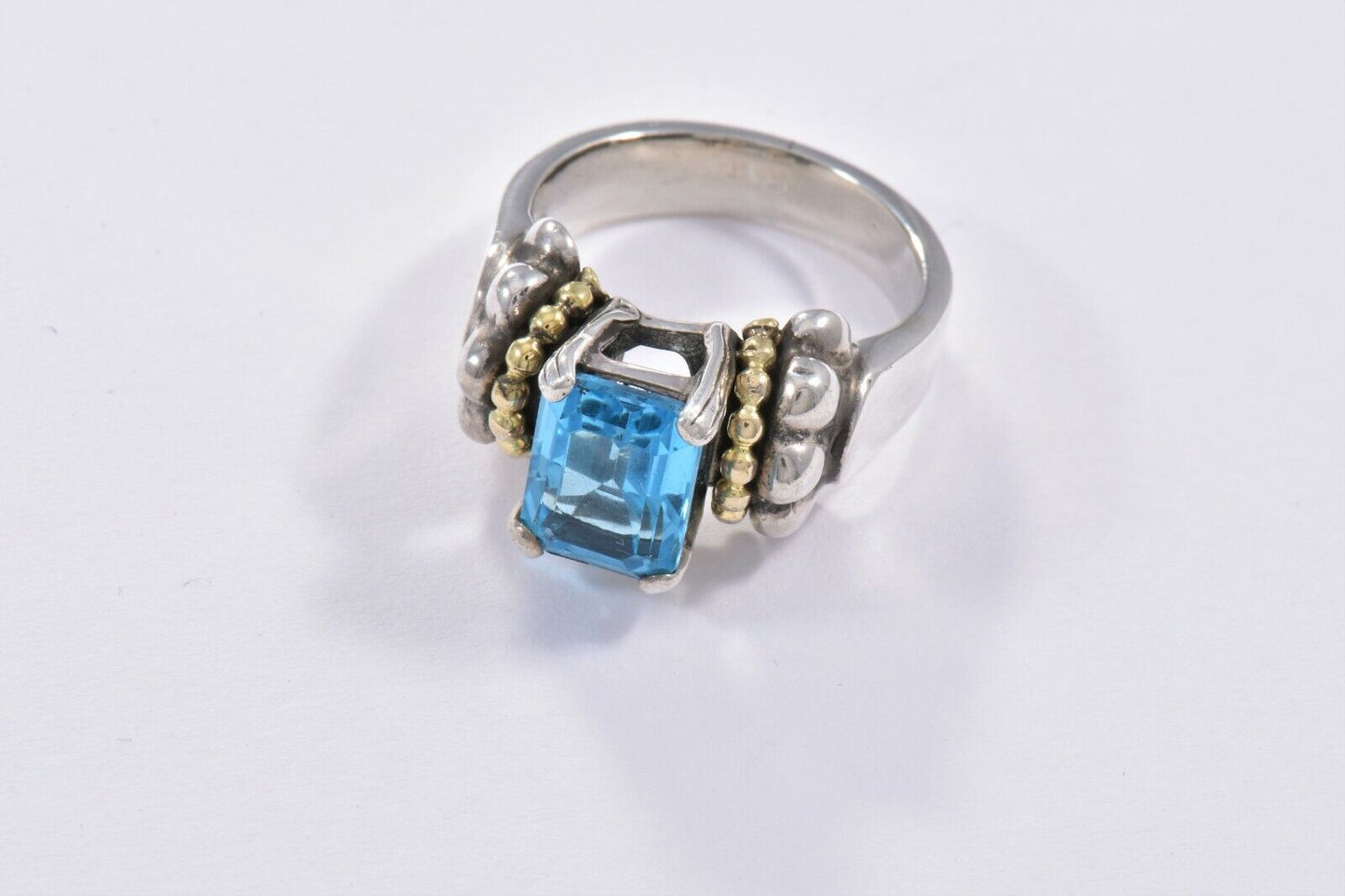 Vintage Lagos Blue Topaz Glacier Caviar Sterling Silver 18k Yellow Gold Ring