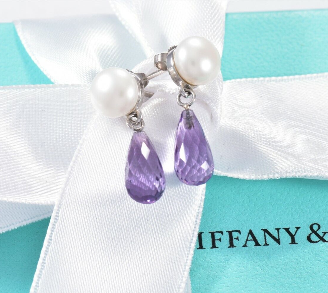 Tiffany & Co Amethyst 18K White Gold Pearl Drop Earrings Box Pouch Rare Dangling