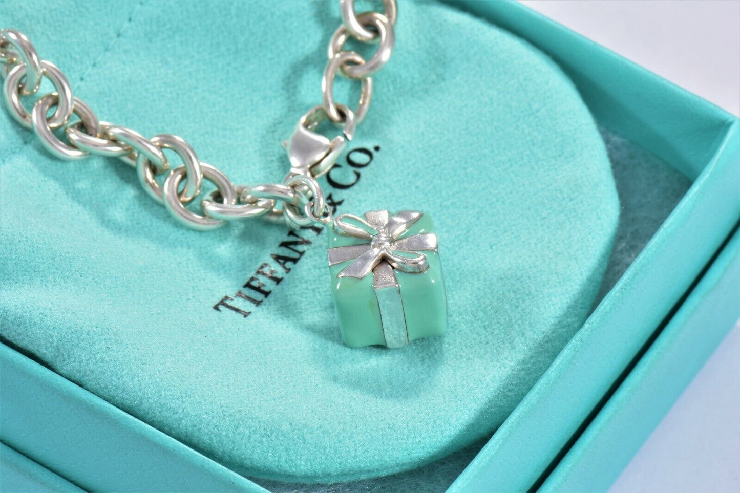 Tiffany & Co Sterling Silver Blue Enamel Gift Box Bracelet in Pouch Rare Present