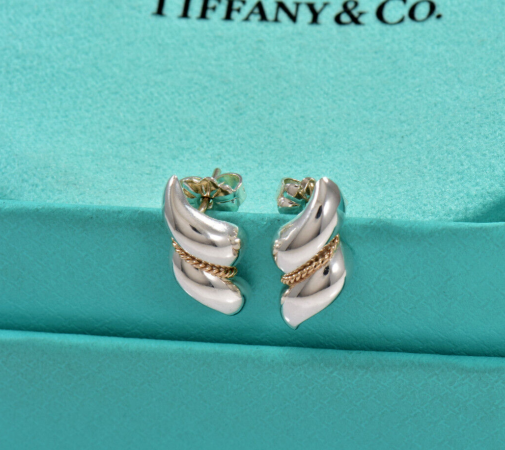 Vintage Tiffany & Co 14K Gold Silver Sea Shell Shrimp Braid Swirl Earrings Pouch