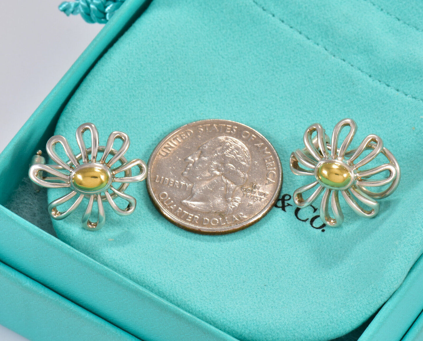 Tiffany & Co 18k Gold Silver Large 23mm Daisy Flower Stud Earrings in Pouch Rare