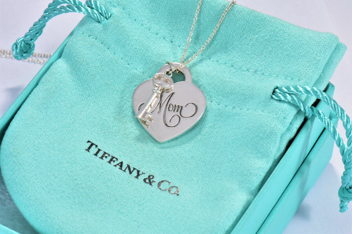 Tiffany & Co Silver Mom Heart Tag Key Two Charm Pendant 16" Necklace in Box Rare