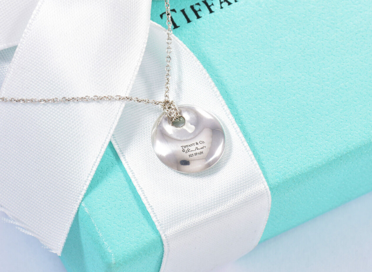 Tiffany & Co Silver Elsa Peretti Small Round Disk Circle Pendant Necklace Pouch