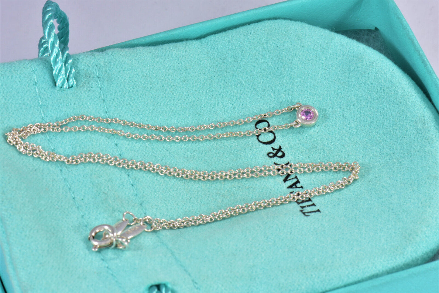 Tiffany & Co Silver Elsa Peretti Color By Yard Pink Sapphire Necklace Box Pouch