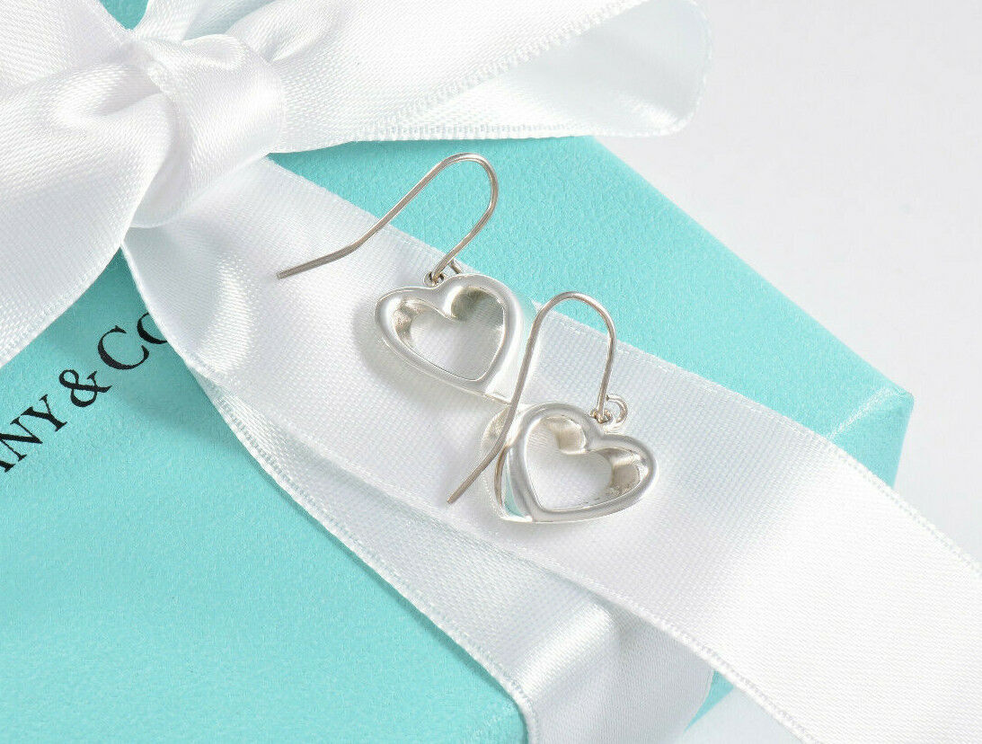 Tiffany & Co Silver Geometric 3D Heart Stencil Dangle Hook Earrings in Pouch